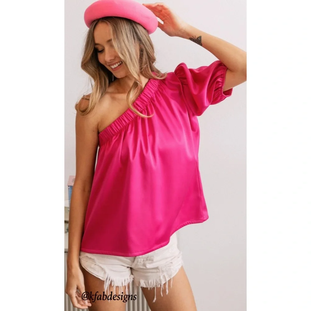 NEW! Fuchsia Soft Stretch Satin One Shoulder Top! - Picture 4 of 15